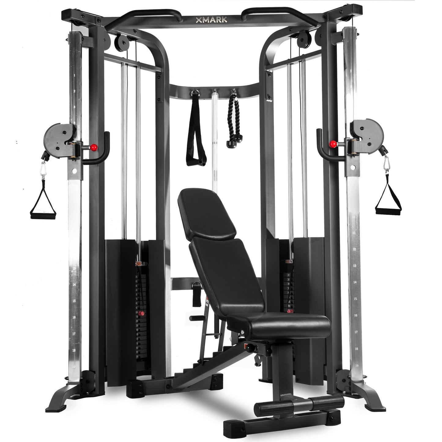 Functional Trainer Cable Machine - Dual 200 lb Weight Stacks + Adjustable Weight Bench