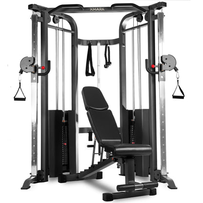 Functional Trainer Cable Machine - Dual 200 lb Weight Stacks + Adjustable Weight Bench